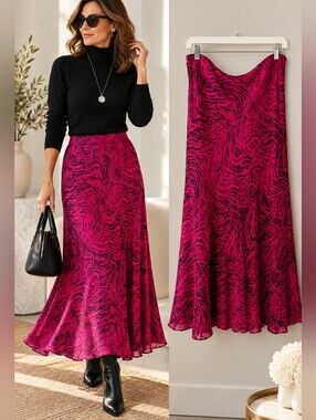 Windsmoor 100% Silk Skirt Size 10 Abstract Wave Print Pink Black Midi